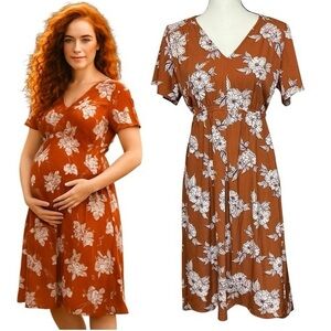 Isabel Maternity Floral Midi Dress Elegant in Rust Orange Short Butterfly Sleeve